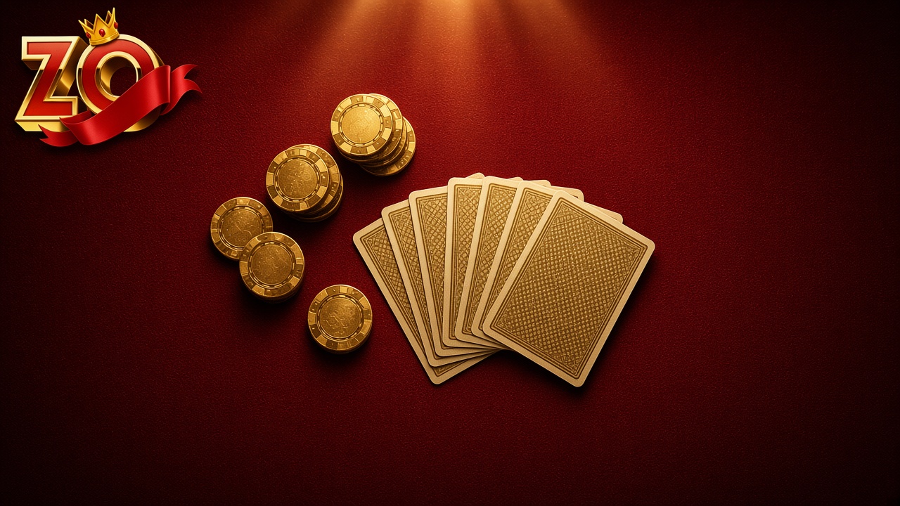 Poker ZOWIN với lá bài úp và chip trên bàn